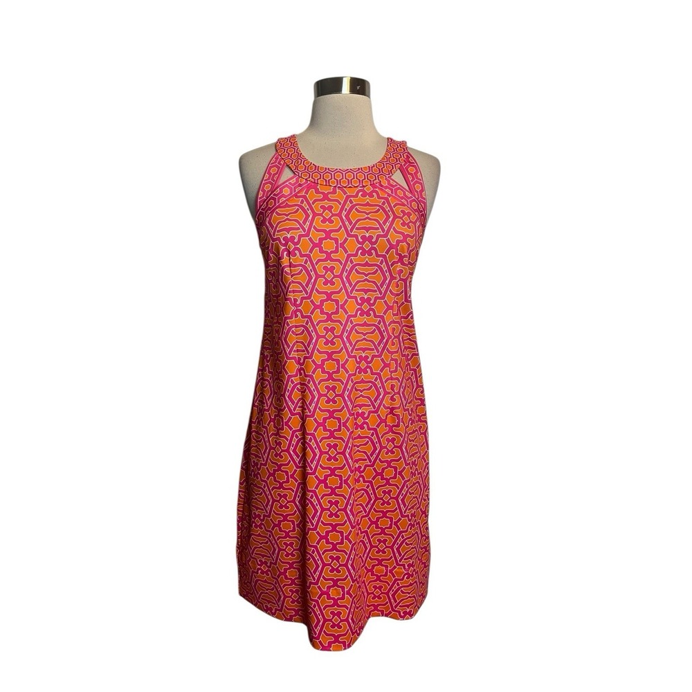 GRETCHEN SCOTT Isosceles Dress Small Orange Pink Geo Bodice Cutouts